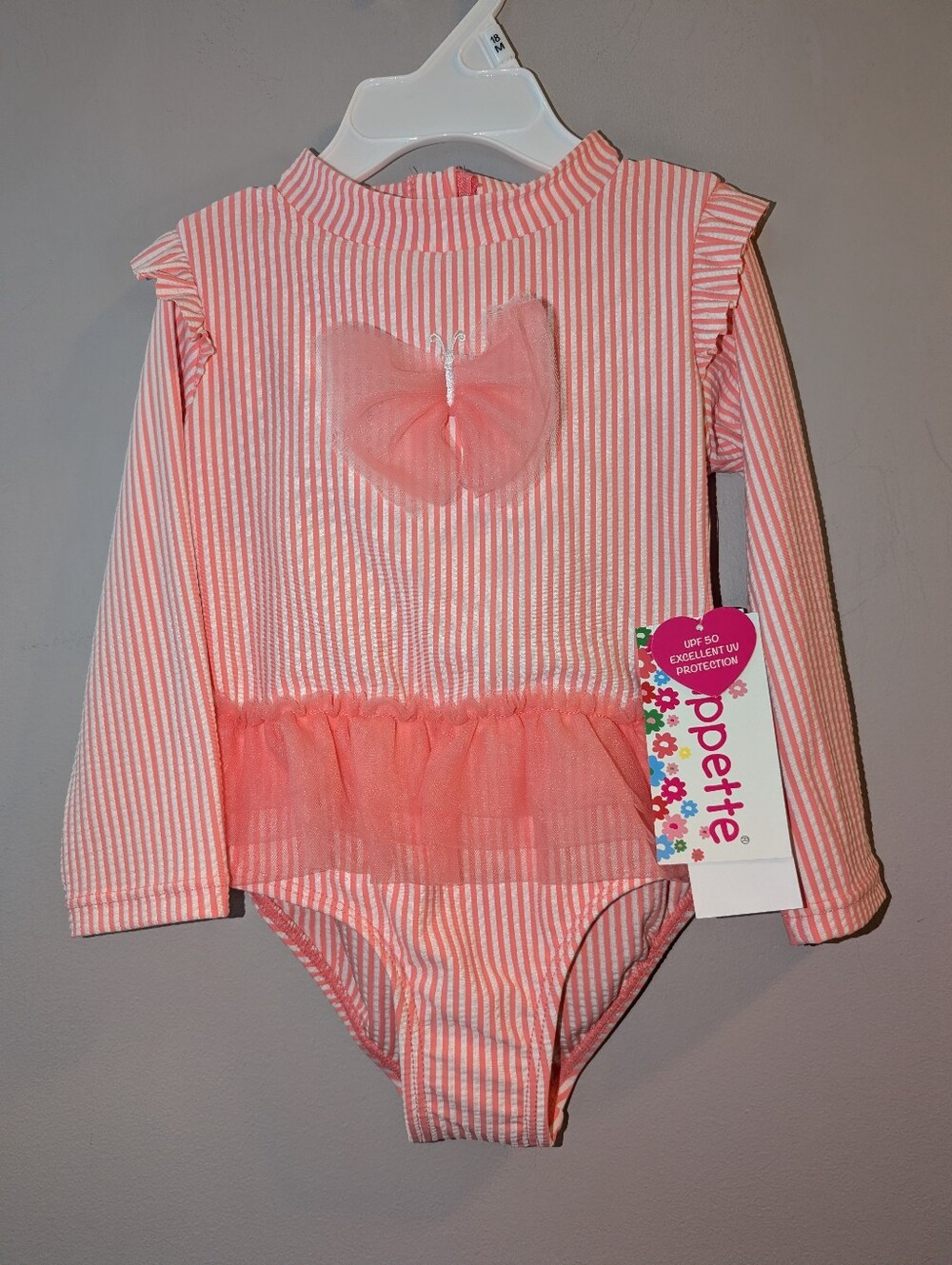 🆕 Wippette Pink Striped One-Piece Swimsuit Bathing Suit Toddler Girl Rash Guard